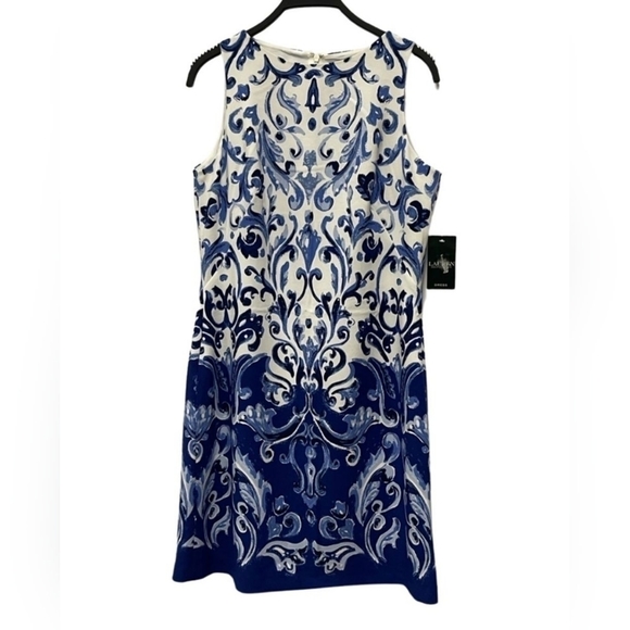 SIZE 10 | LAUREN | By Ralph Lauren | Women’s Printed Blue | Crew Neck Dress - Picture 2 of 2